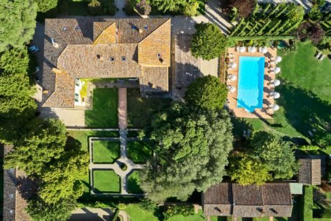 Arial view Villa di Piazzano SLH Luxury Hotel Cortona tuscany pool